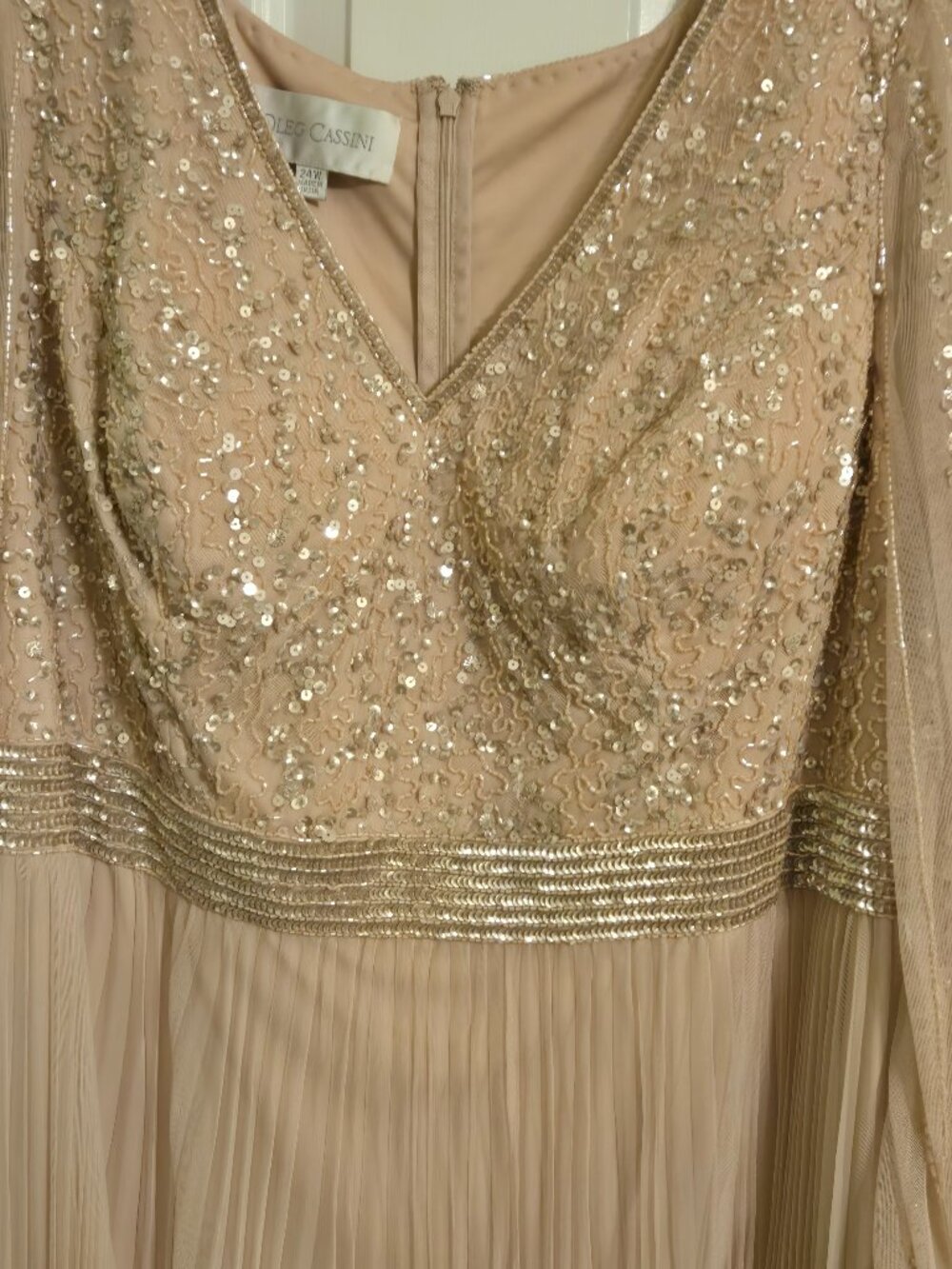 Oleg Cassini blush sequin, beaded and pleated gown 24W